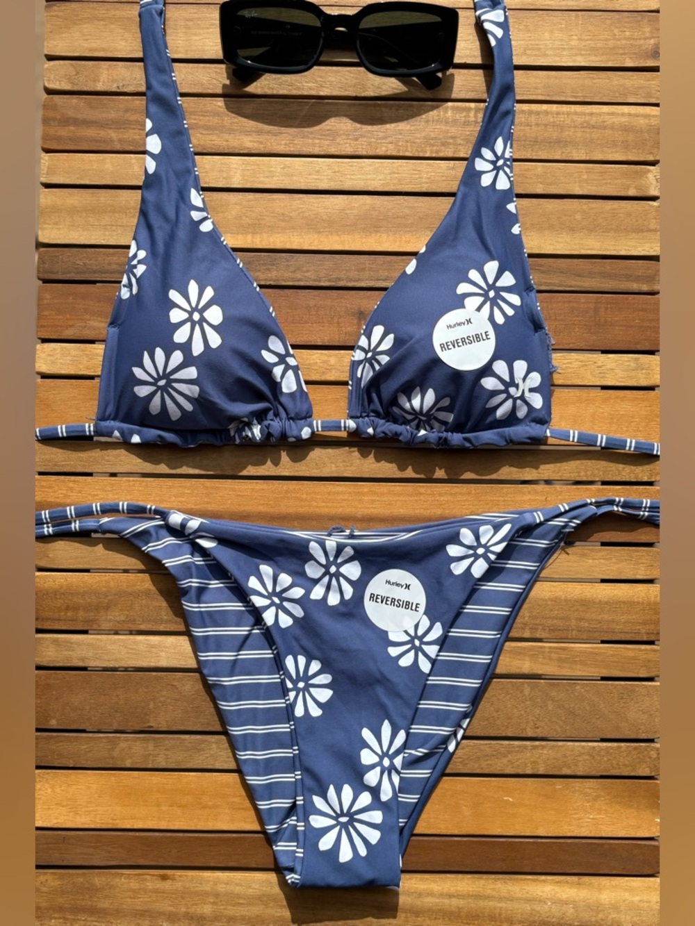 SMALL NWT Hurley Navy Blue & White Reversible Floral Striped Triangle Bikini